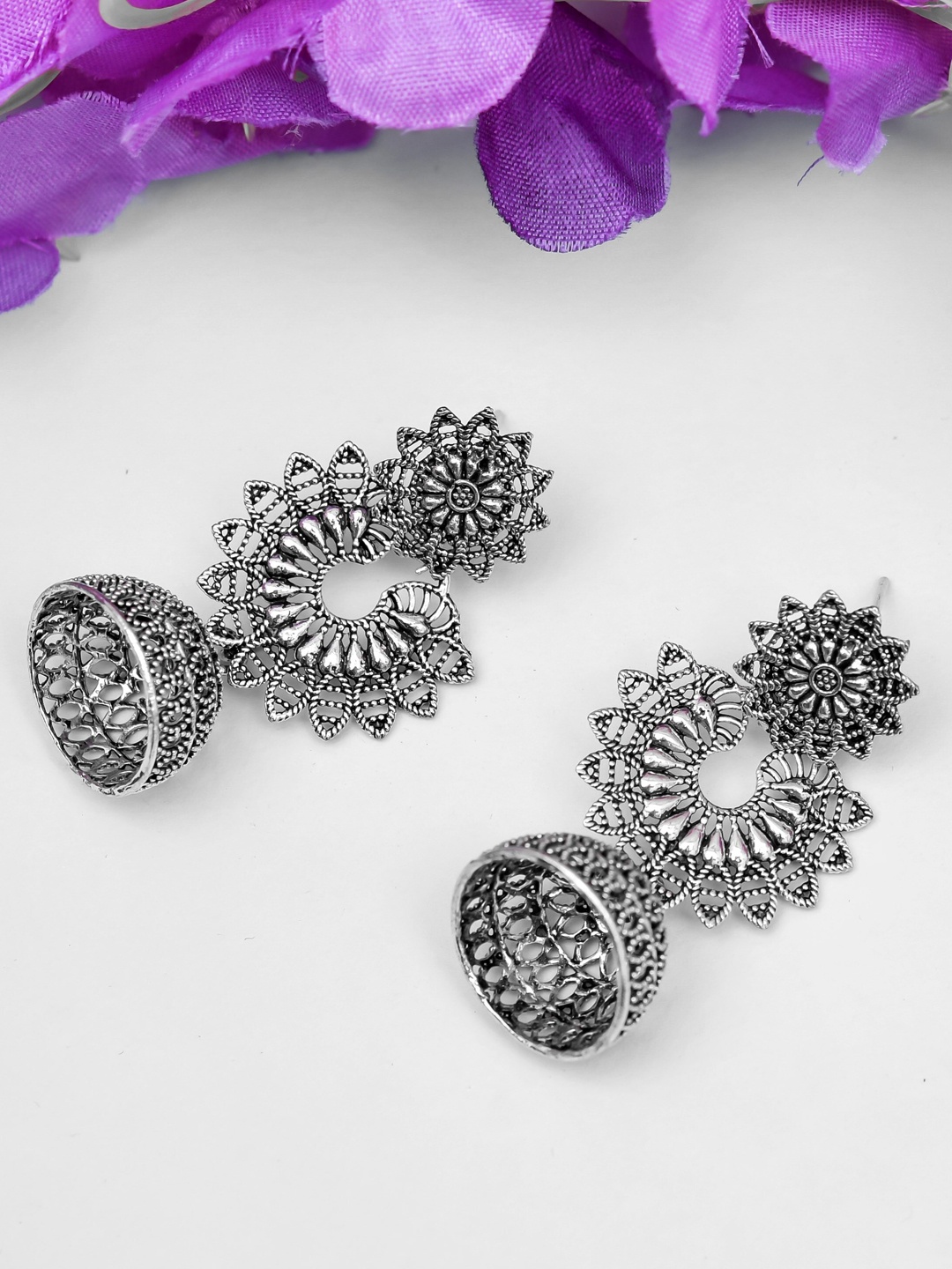 

ROHINIKA Silver-Plated Floral Jhumkas
