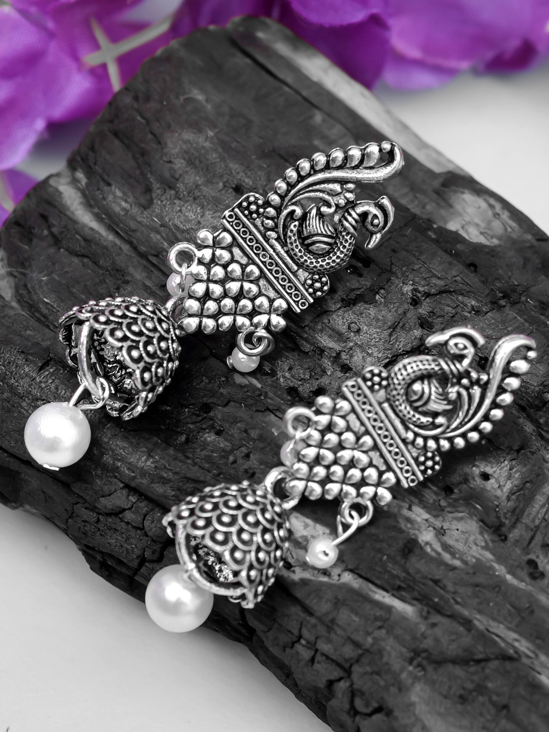 

ROHINIKA Silver-Plated Peacock Shaped Drop Earrings