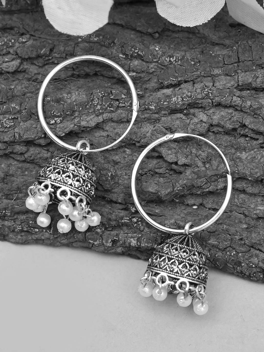 

ROHINIKA Silver-Plated Beaded Classic Jhumkas