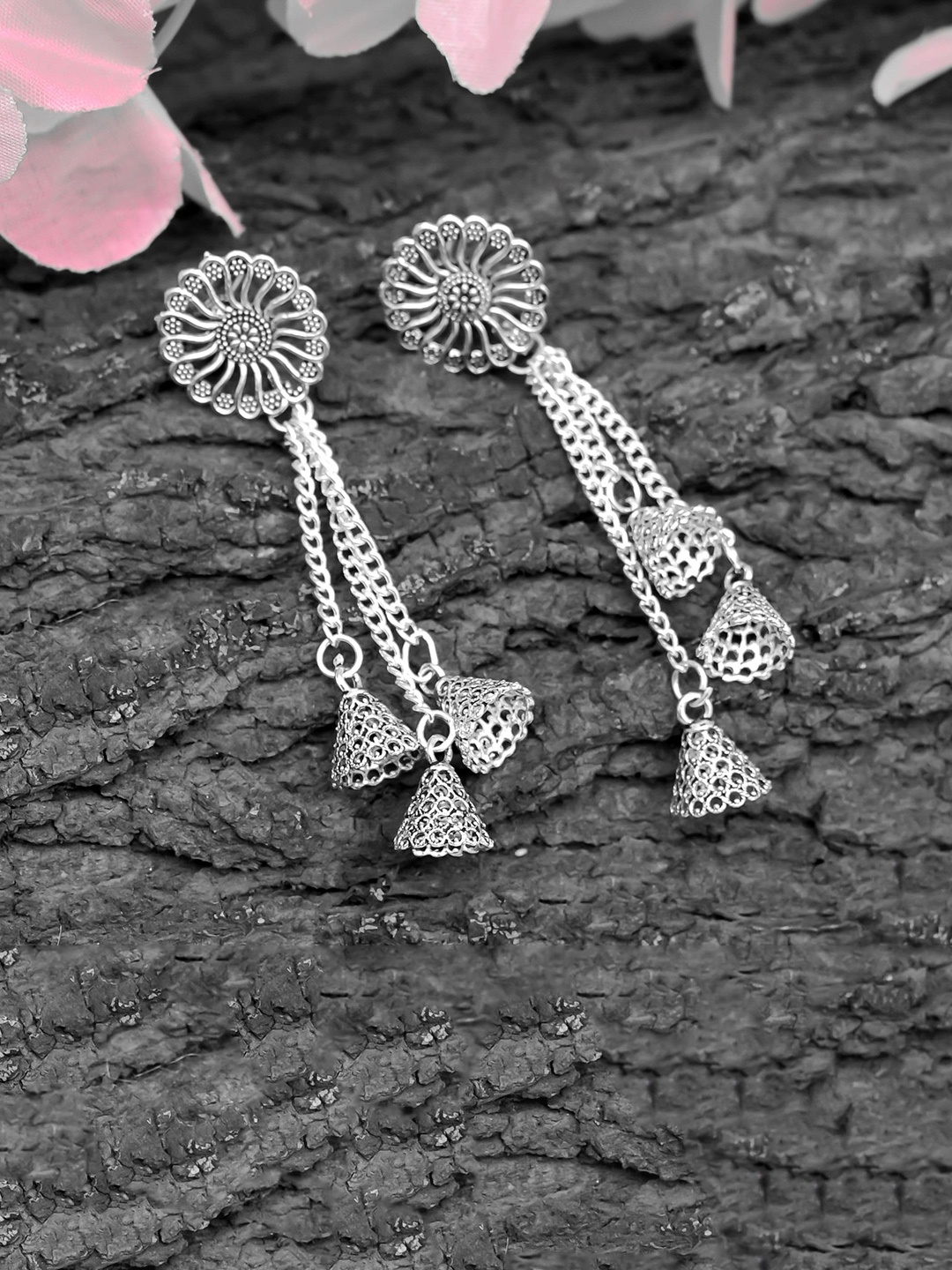 

ROHINIKA Silver-Plated Oxidised Geometric Drop Earrings