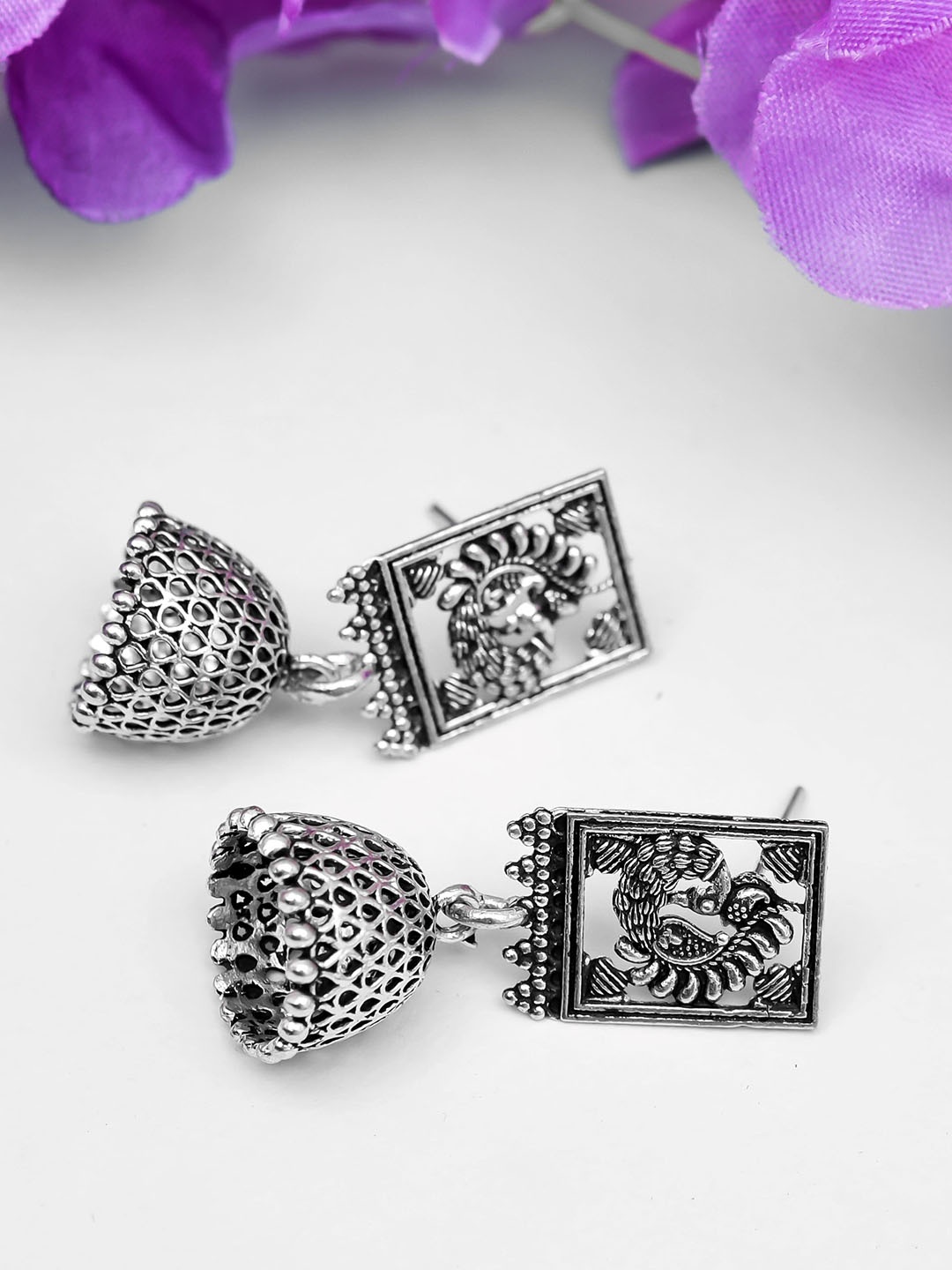 

ROHINIKA Silver-Plated Peacock Shaped Jhumkas