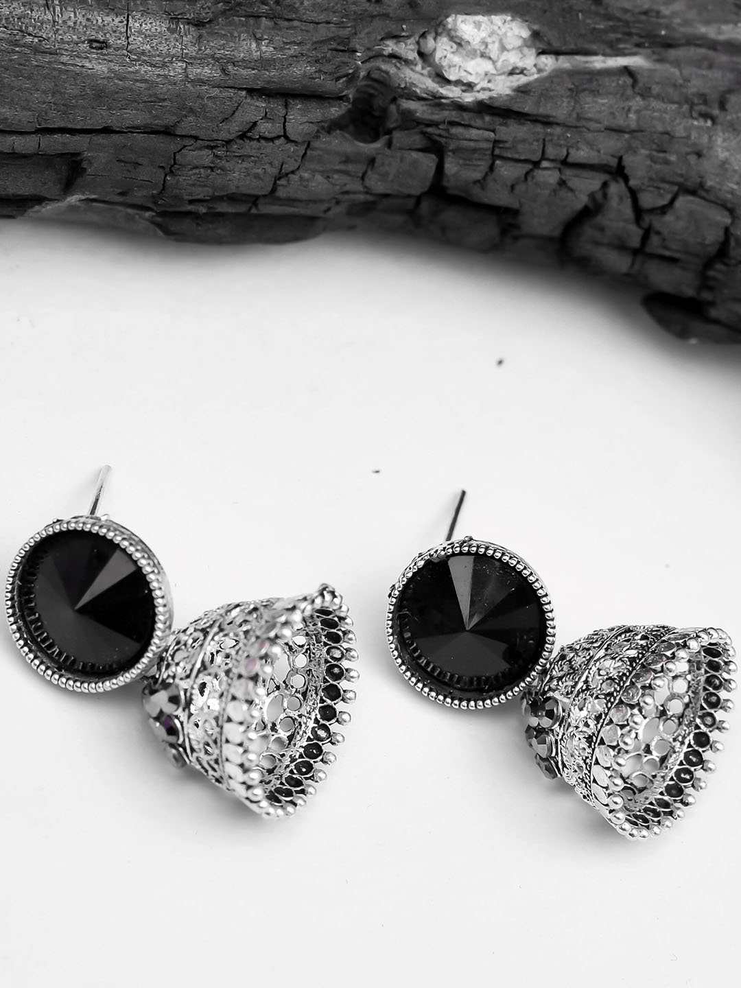 

ROHINIKA Silver-Plated Oxidised Circular Jhumkas Earrings