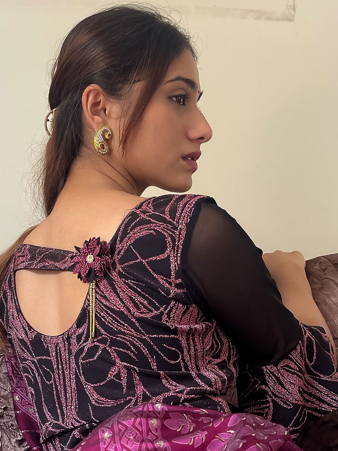 

Bindigasm's Advi Embellished Stretchable Saree Blouse, Pink