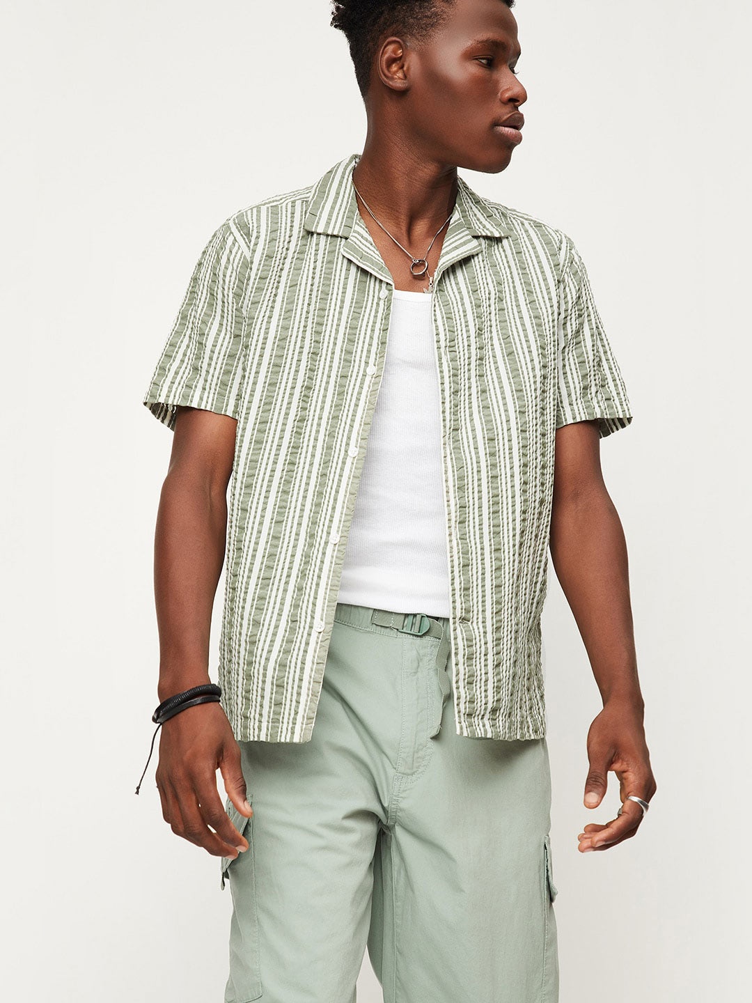 

max Striped Self Designed Spread Collar Casual Shirt, Green
