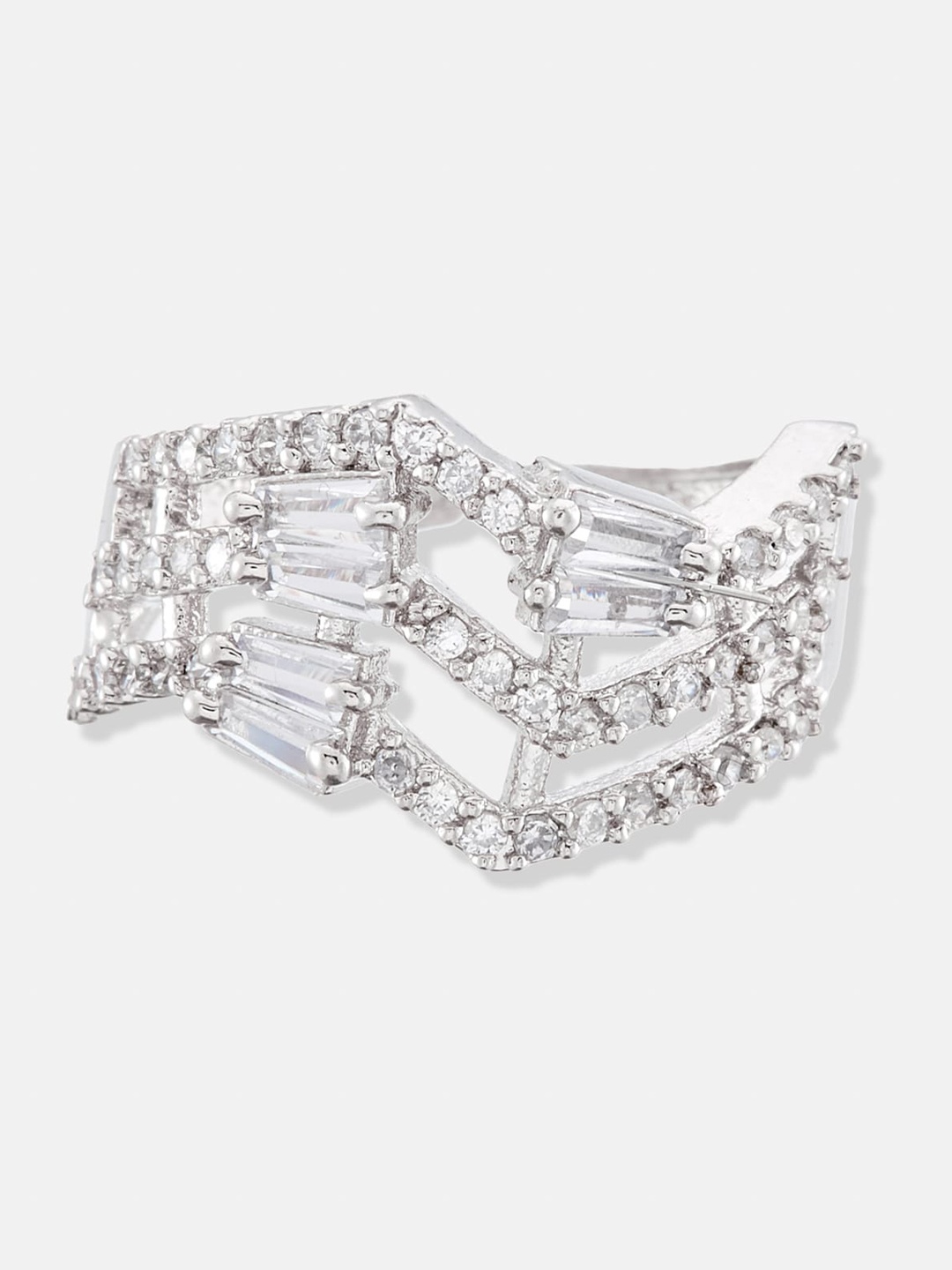 

ATIBELLE Set Of 2 Silver-Plated AD Stone-Studded Adjustable Finger Rings
