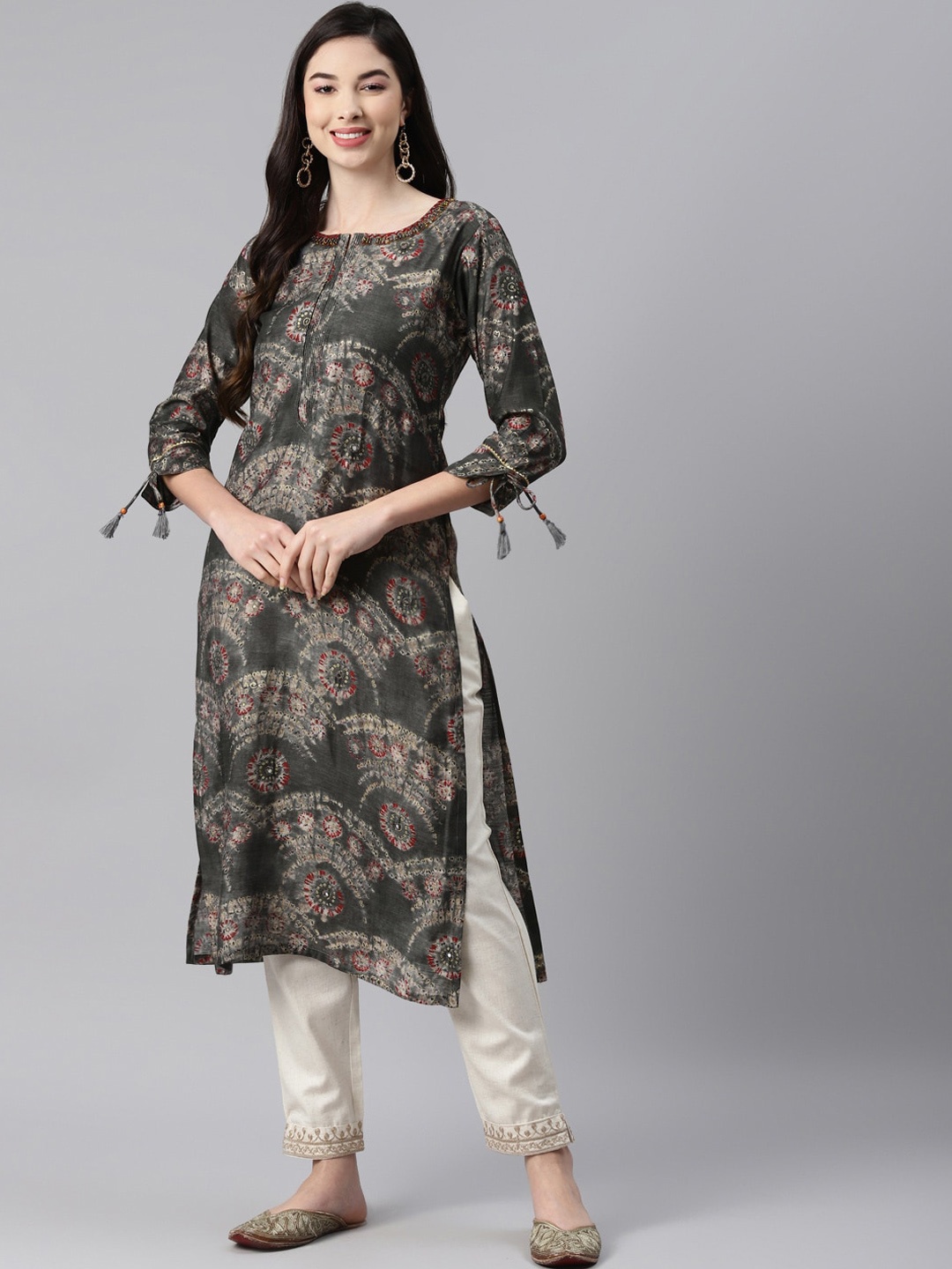 

BAESD Ethnic Motifs Printed Mirror Work Kurta, Grey