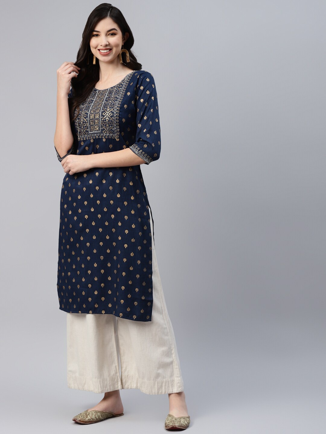 

BAESD Ethnic Motifs Printed Zari Sequinned Cotton Kurta, Navy blue