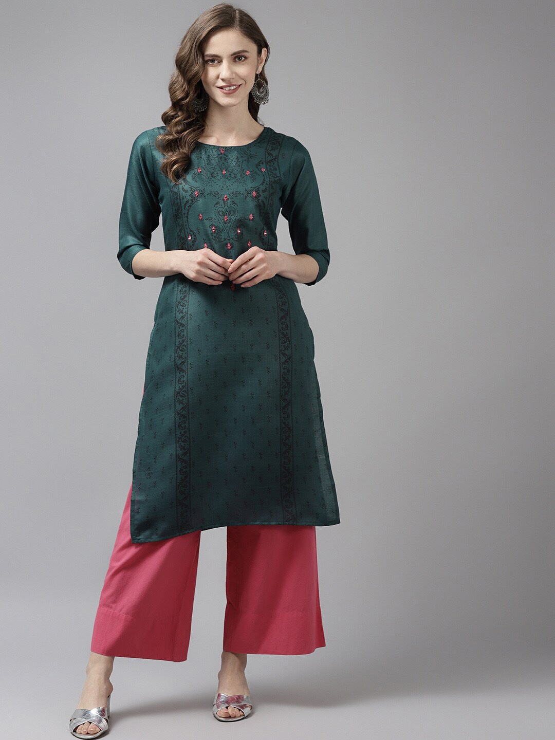 

BAESD Embroidered Round Neck Cotton Kurta, Green