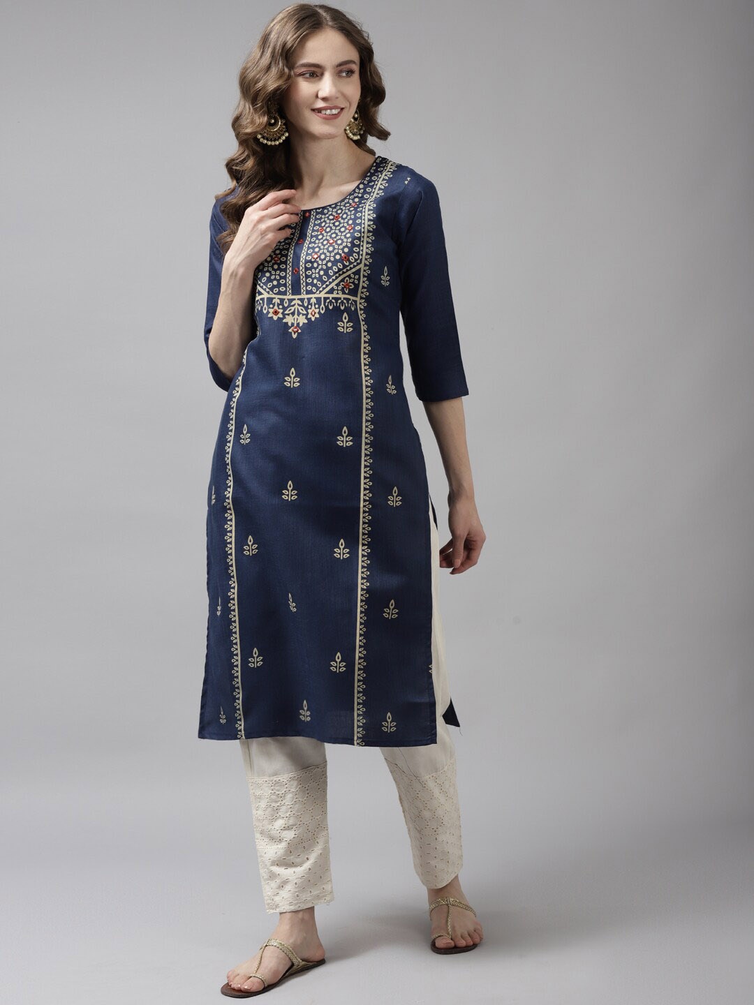 

BAESD Ethnic Motifs Printed Thread Work Cotton Kurta, Navy blue