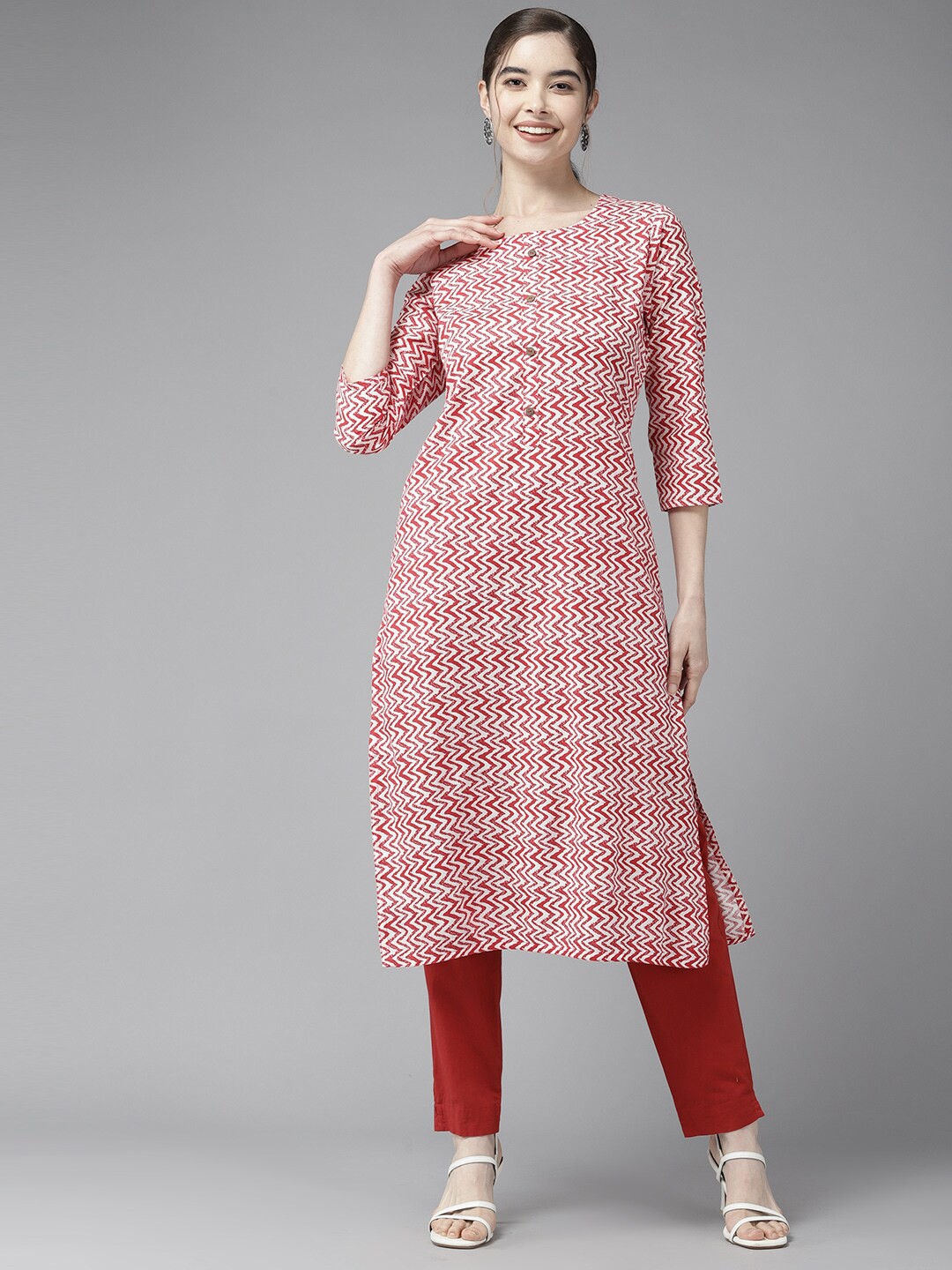 

BAESD Chevron Printed Cotton Straight Kurta, Red