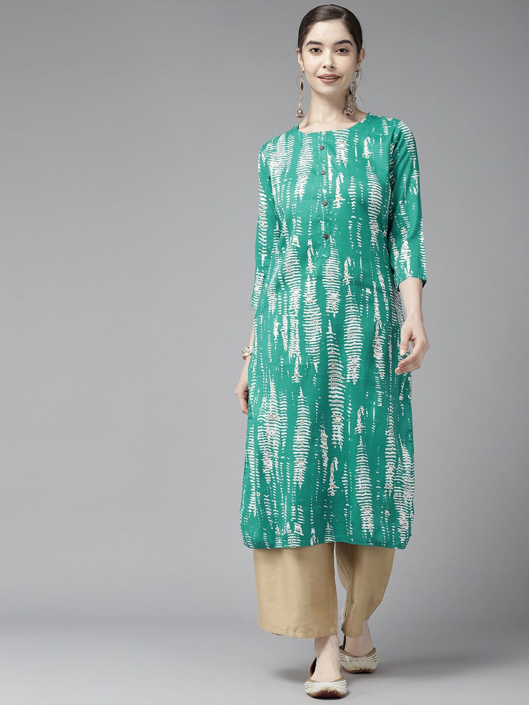 

BAESD Round Neck Abstract printed Kurta, Sea green