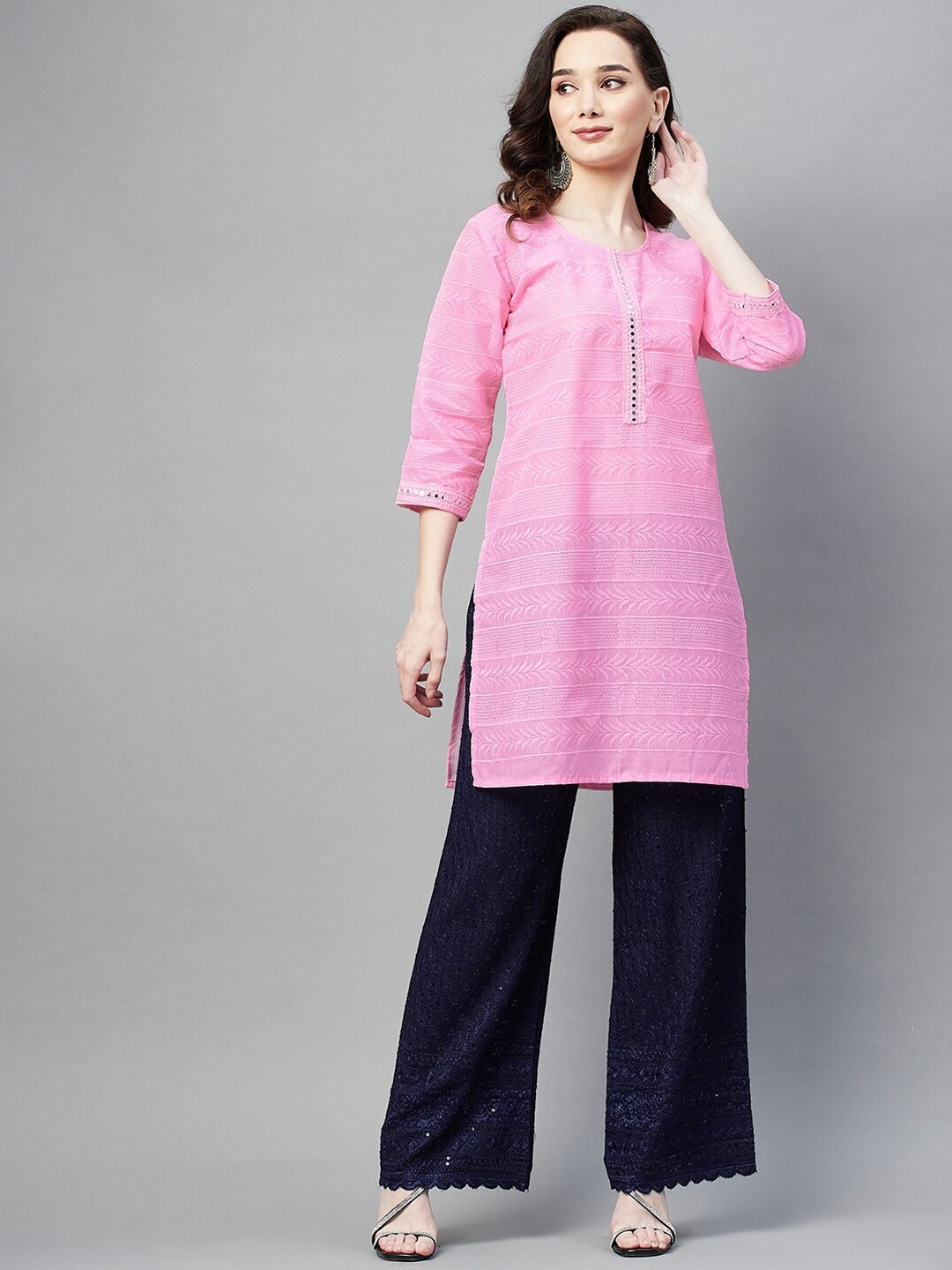 

BAESD Floral Embroidered Mirror Work Kurta, Pink