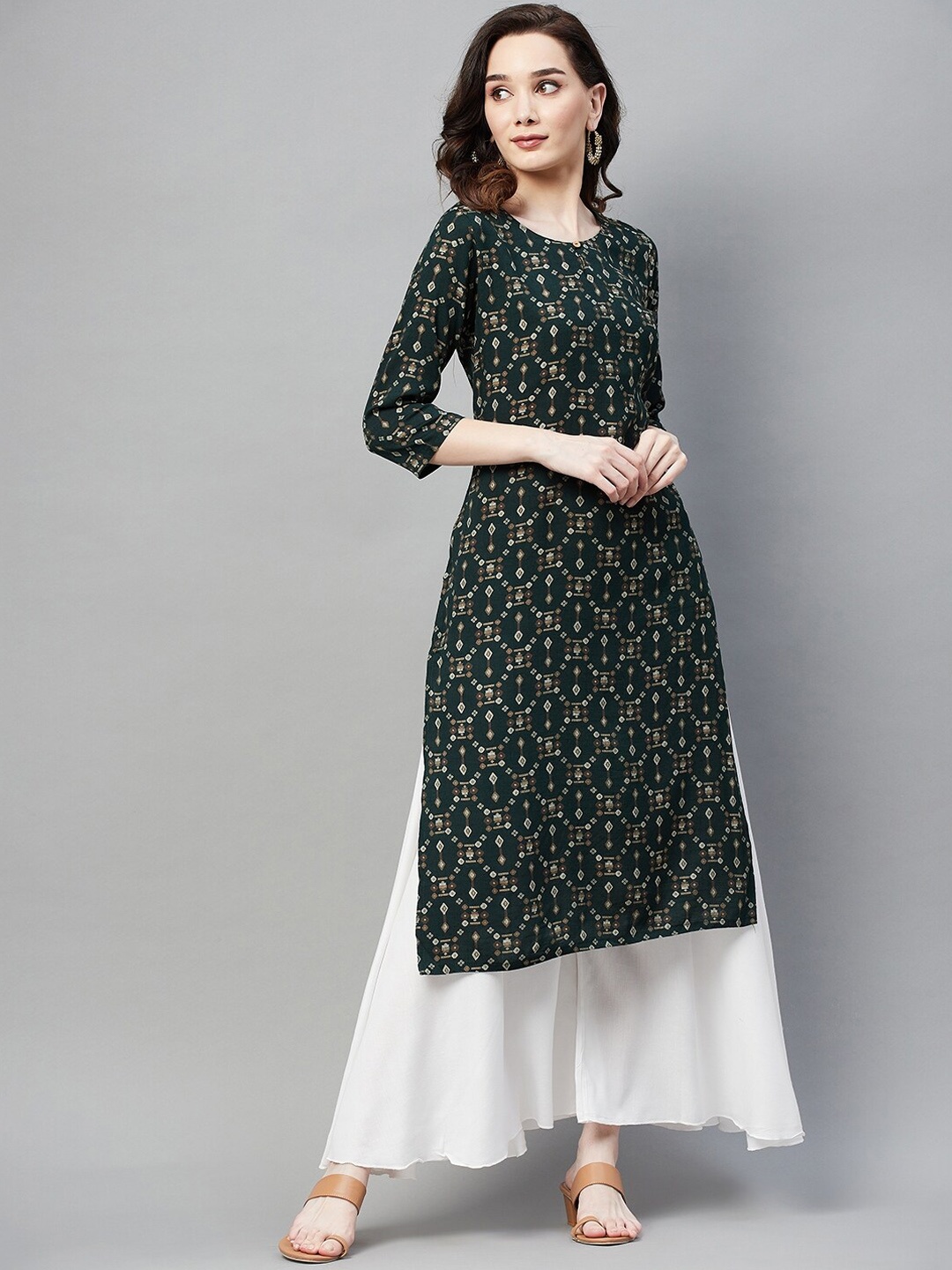 

BAESD Keyhole Neck Ethnic Motifs Printed Straight Cotton Kurta, Green