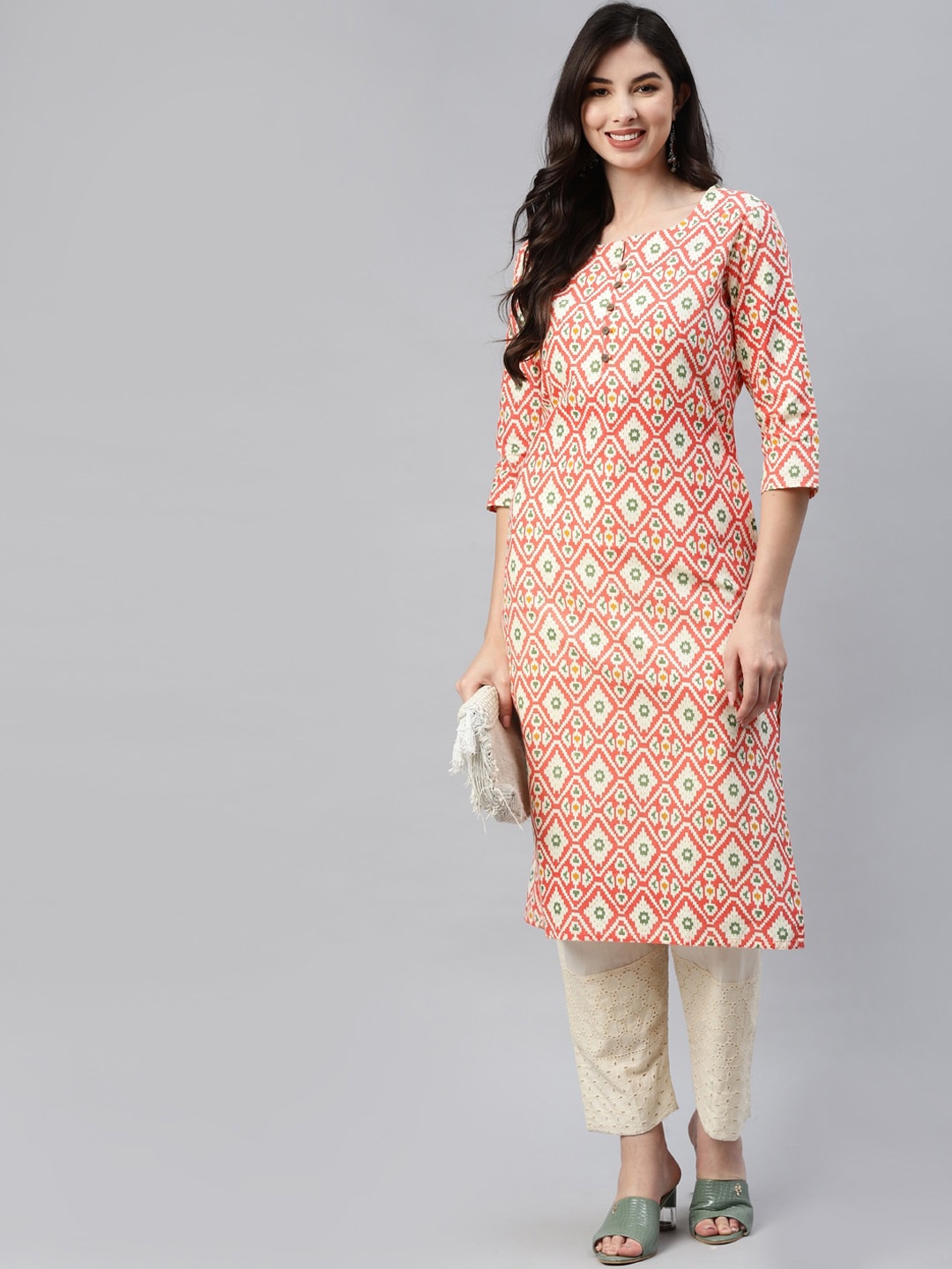 

BAESD Geometric Printed Cotton Kurta, Orange