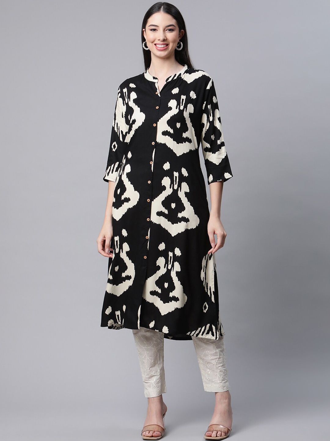 

BAESD Abstract Printed Mandarin Collar Cotton Straight Kurta, Black