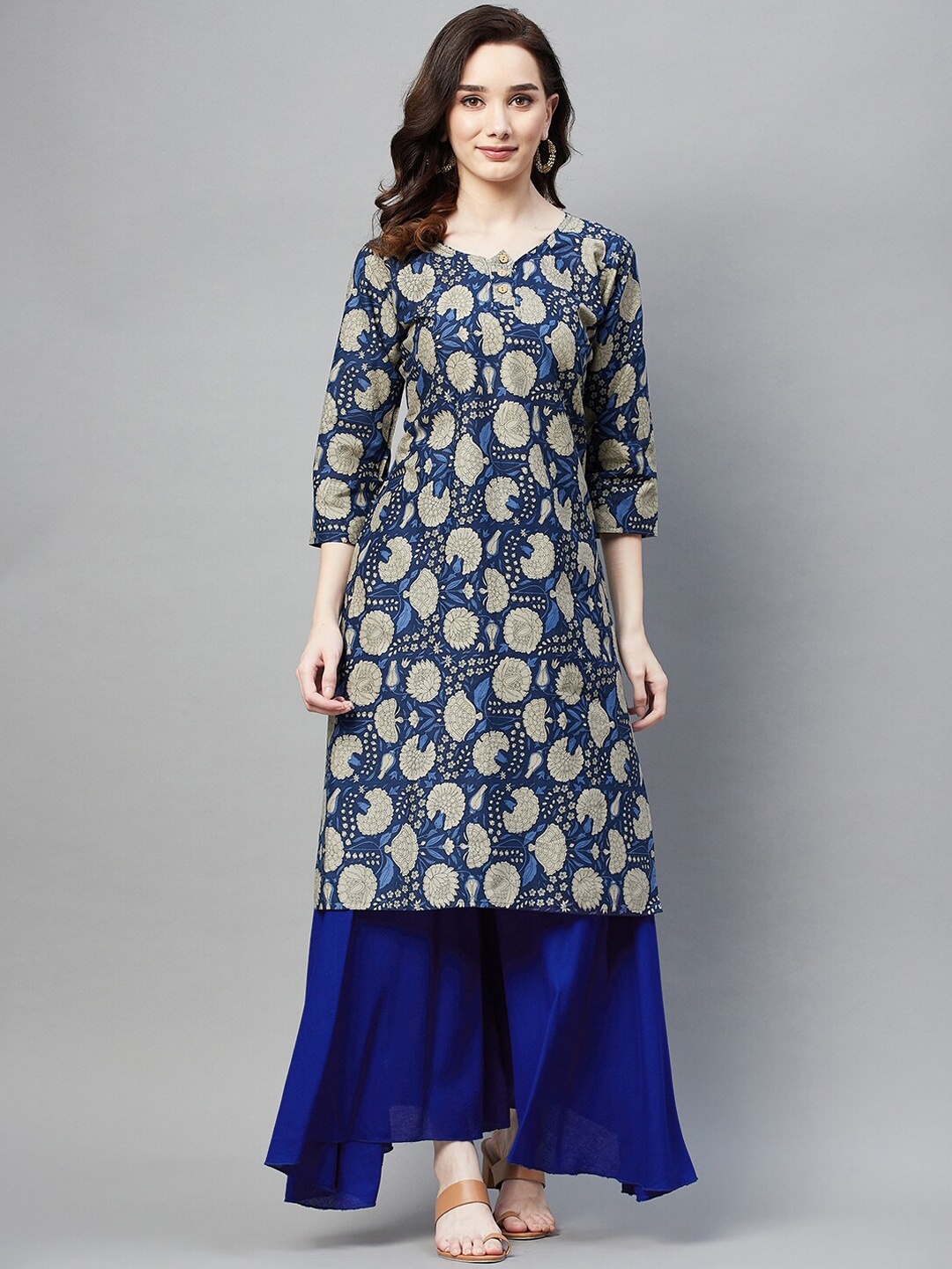 

BAESD Floral Printed Straight Cotton Kurta, Navy blue