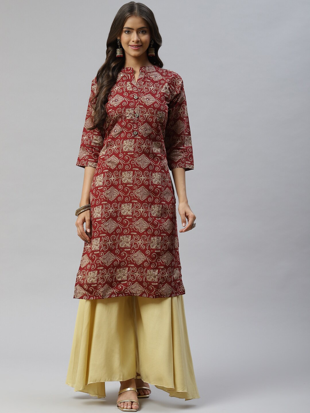 

BAESD Ethnic Motifs Printed Mirror Work Cotton Kurta, Maroon