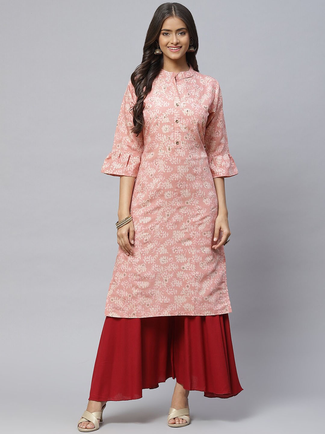 

BAESD Ethnic Motifs Printed Bell Sleeves Sequined Cotton Kurta, Peach