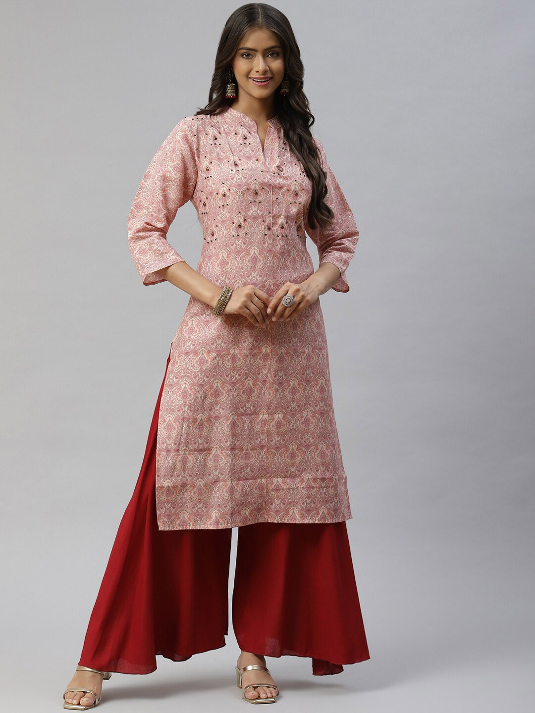 

BAESD Ethnic Motifs Printed Beads Detail Cotton Kurta, Pink