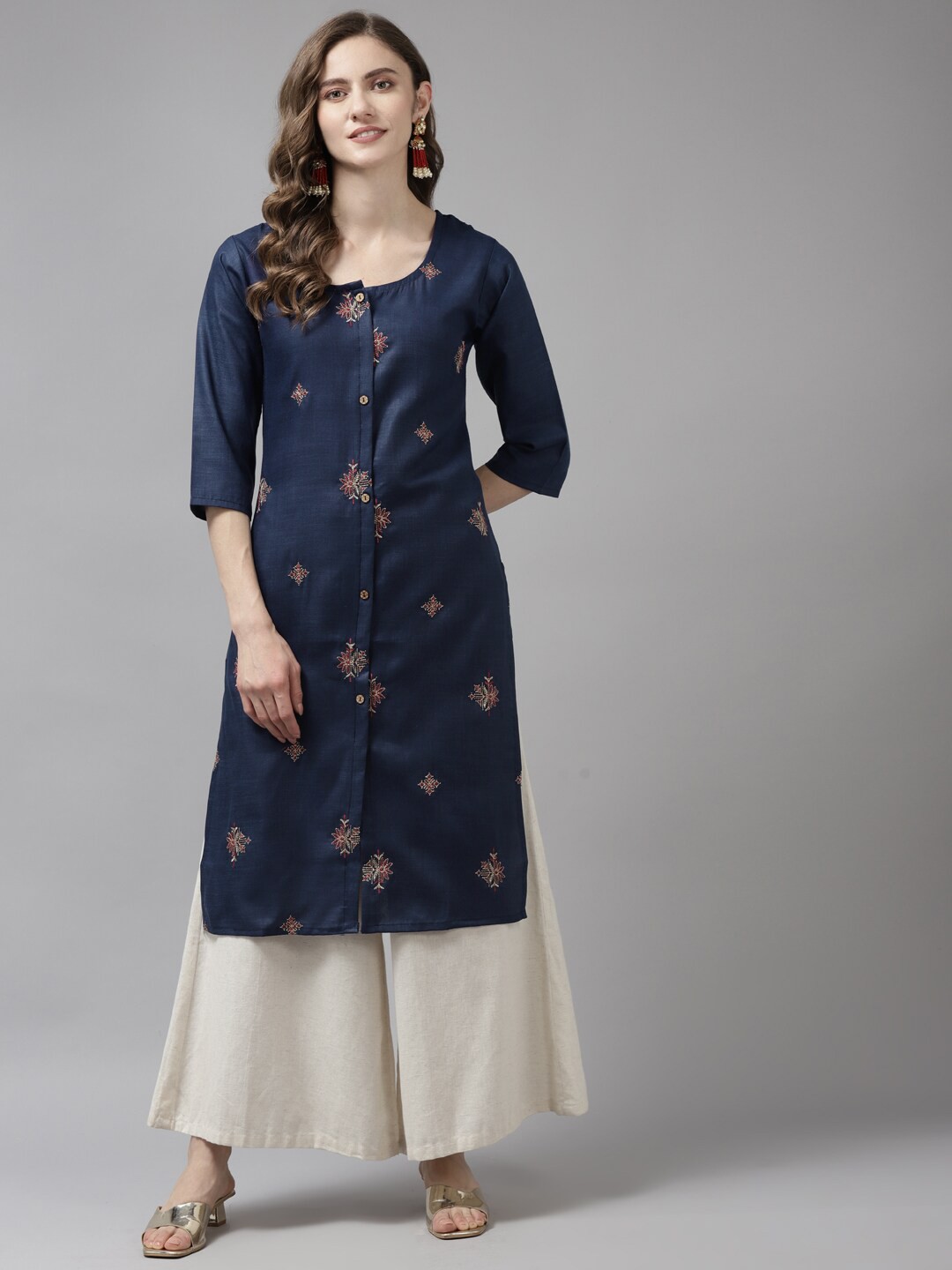 

BAESD Ethnic Motifs Embroidery Cotton Kurta, Navy blue