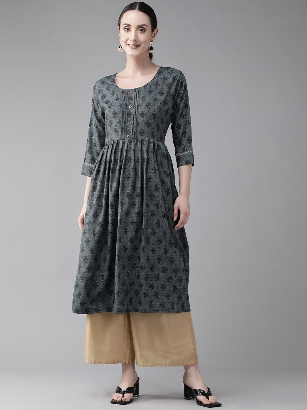 

BAESD Ethnic Motifs Printed A-Line Pleated Cotton Kurta, Grey