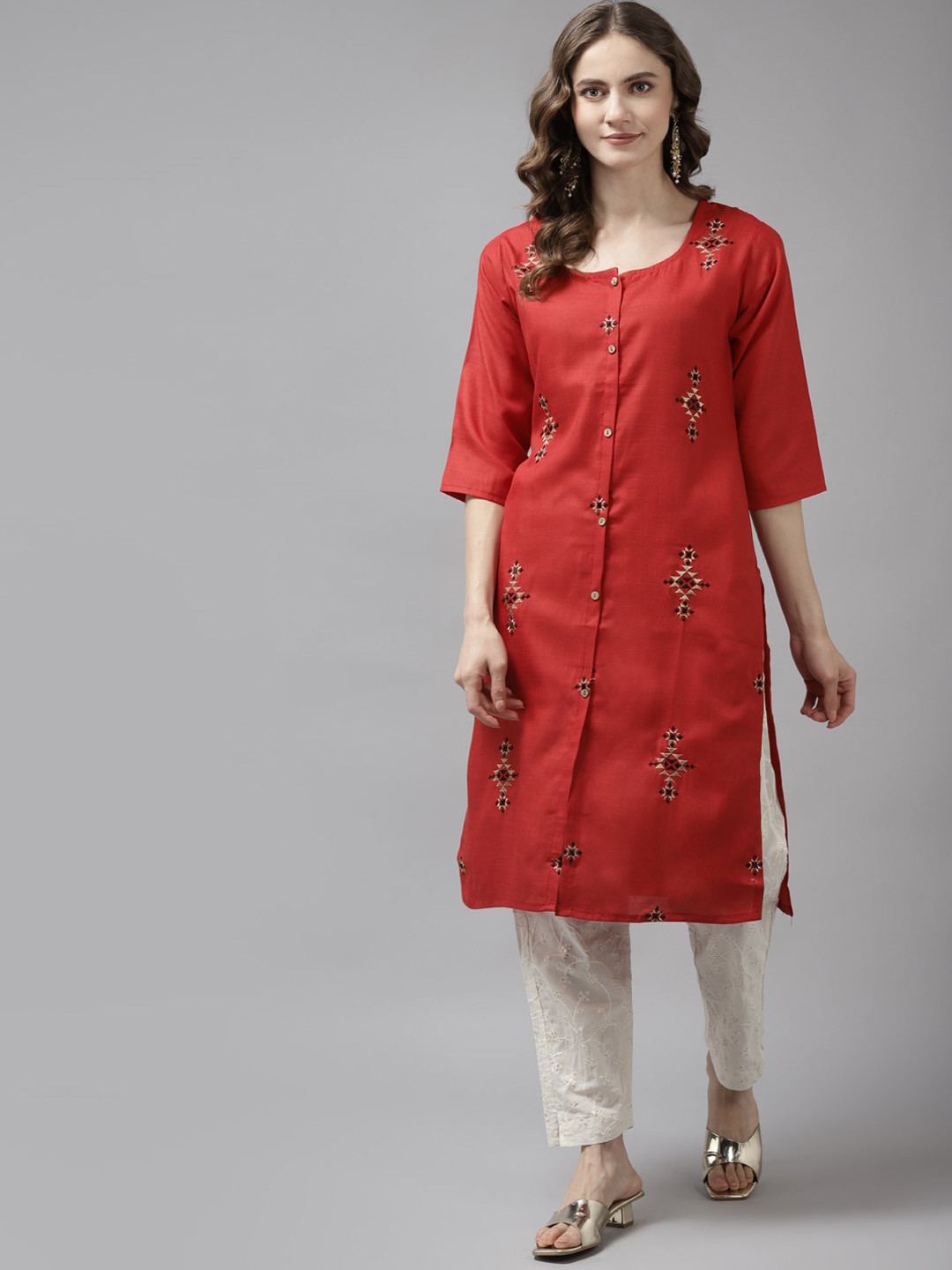 

BAESD Ethnic Motifs Embroidered Straight Cotton Kurta, Red