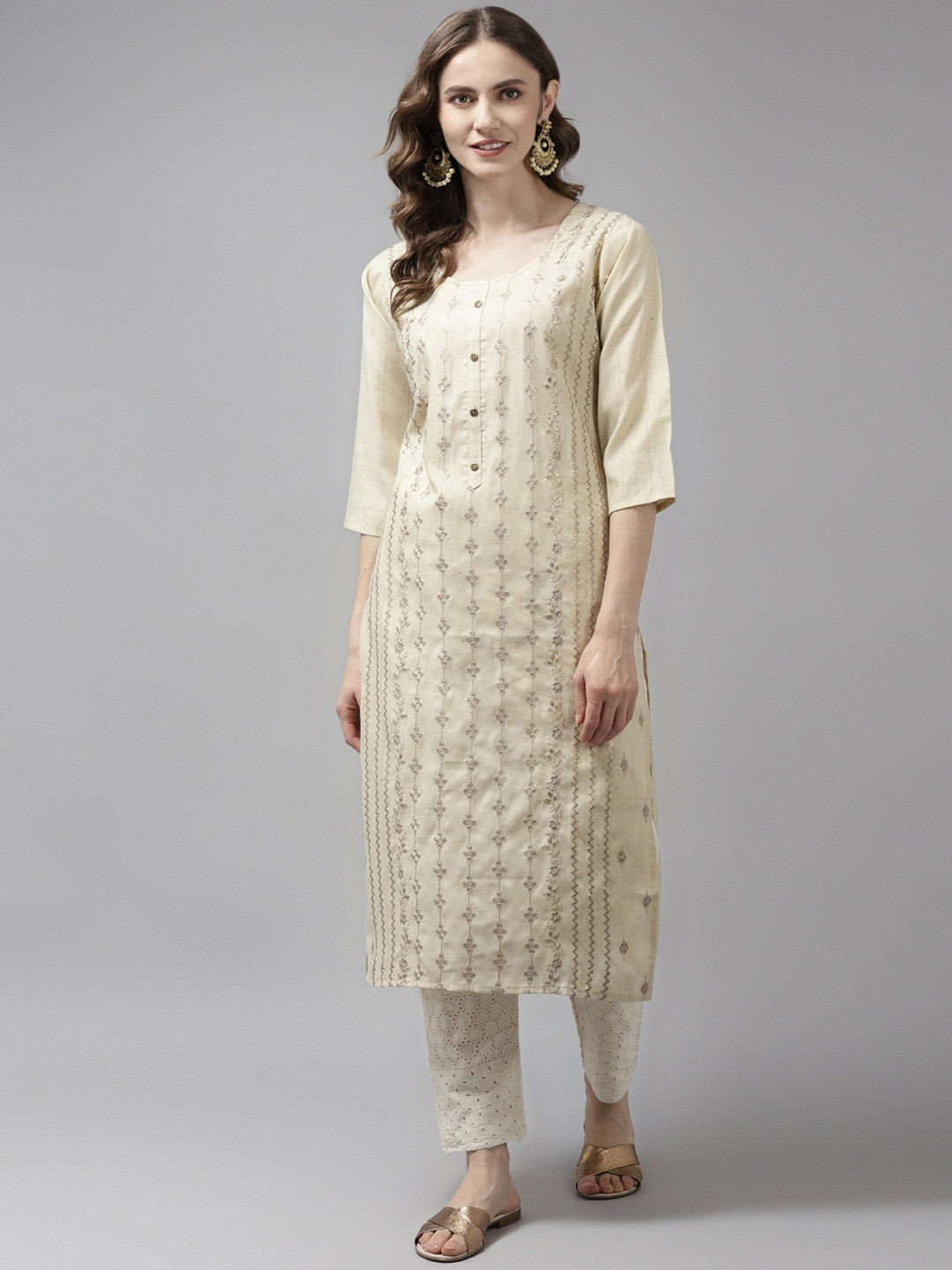 

BAESD Round Neck Embroidered Cotton Kurta, Cream