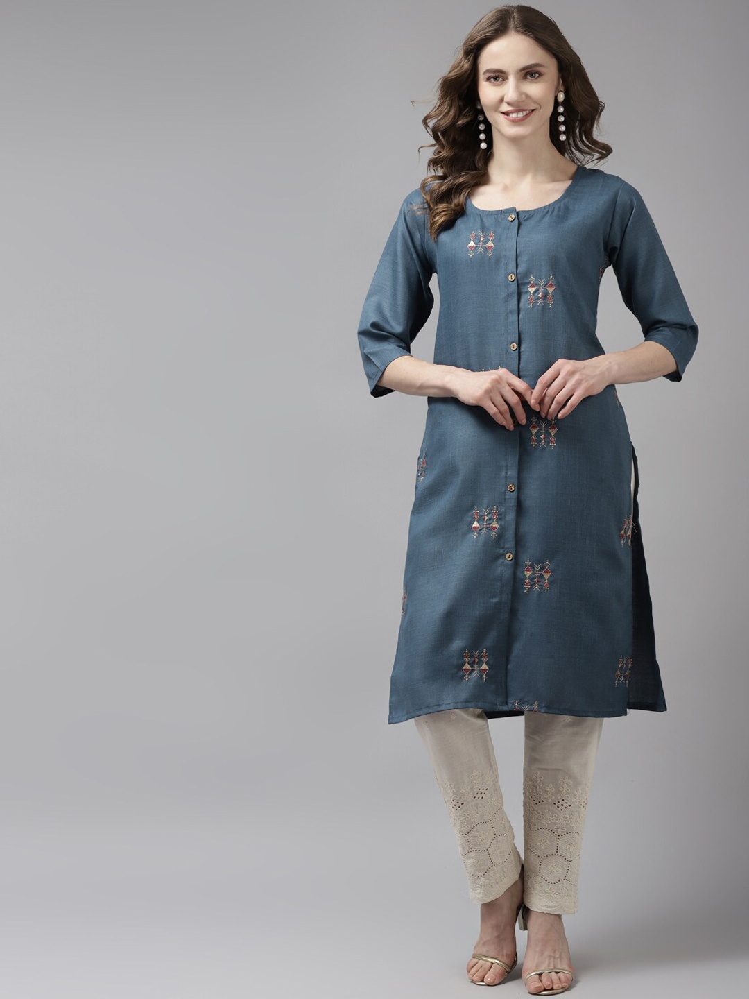 

BAESD Ethnic Motifs Embroidered Cotton Kurta, Navy blue