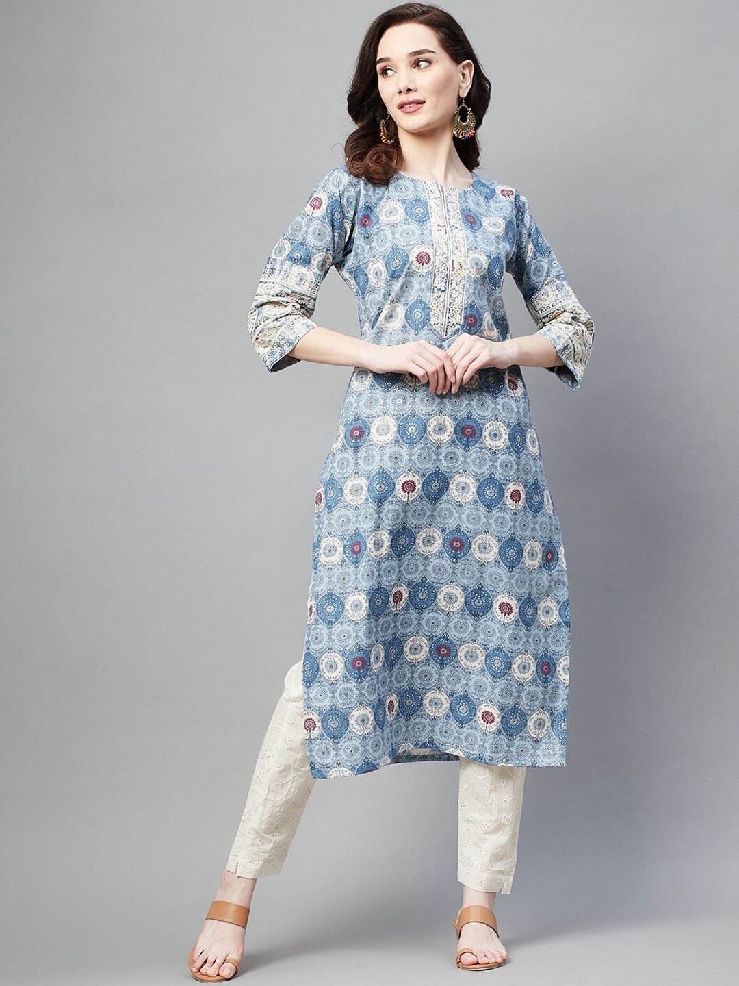 

BAESD Ethnic Motifs Printed Thread Work Straight Cotton Kurta, Blue