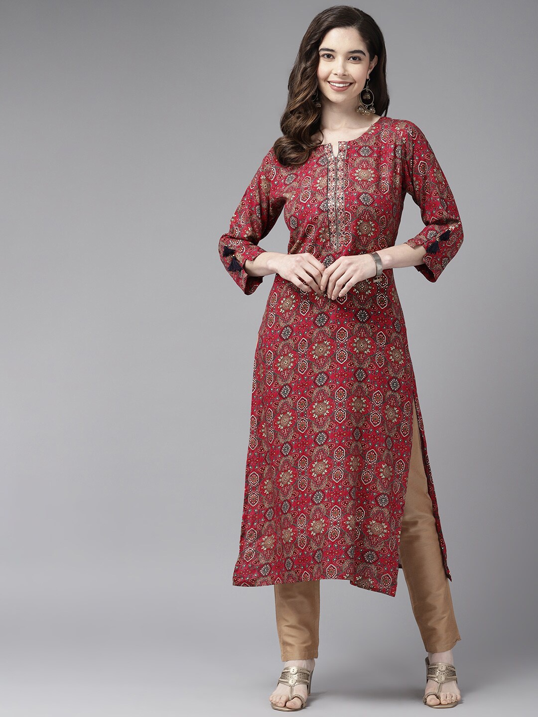 

BAESD Ethnic Motifs Printed Mirror Work Pure Cotton Kurta, Maroon