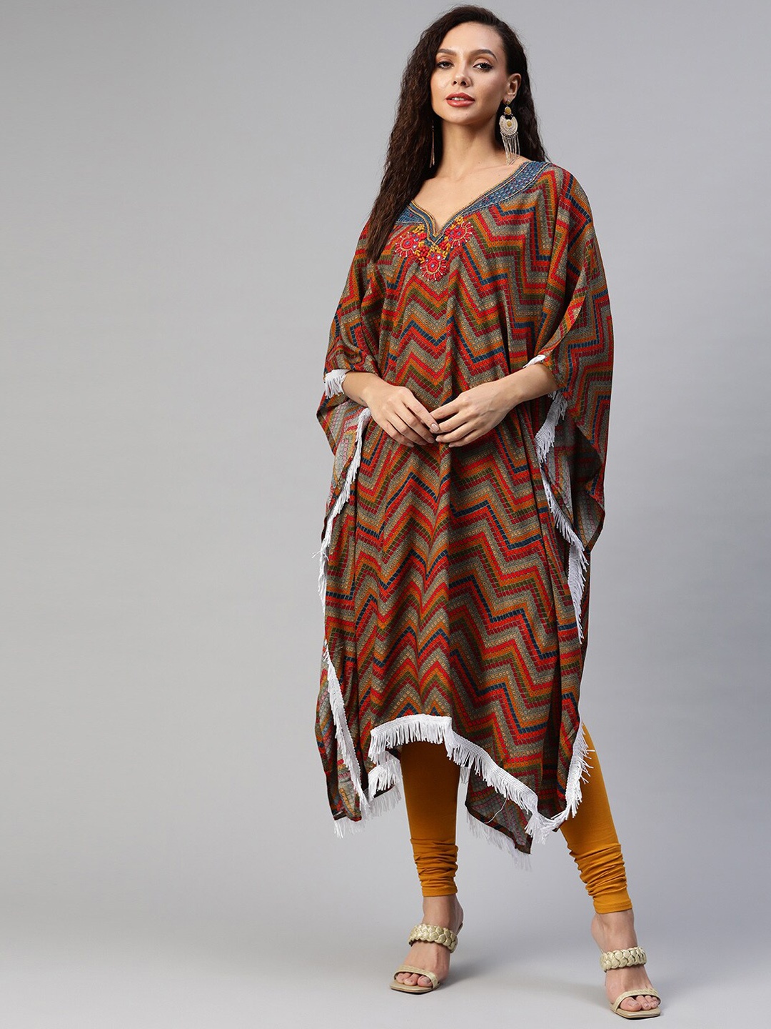 

BAESD Chevron Printed Thread & Mirror Work Kaftan Cotton Kurta, Red