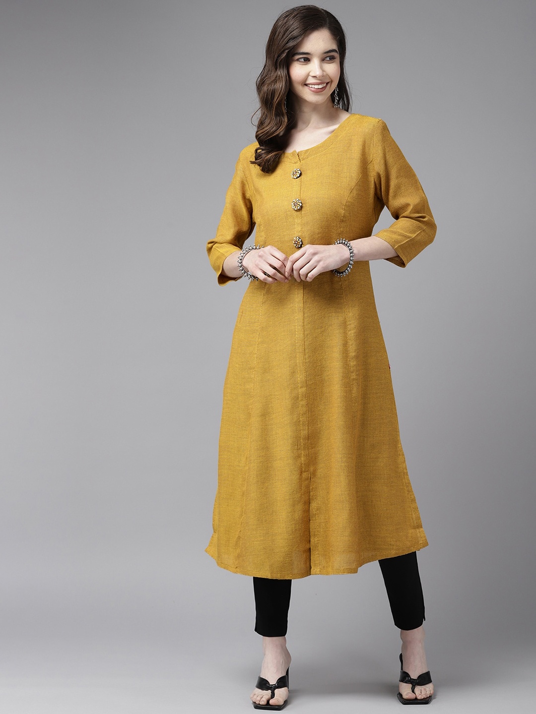 

BAESD Paneled A-Line Cotton Kurta, Mustard