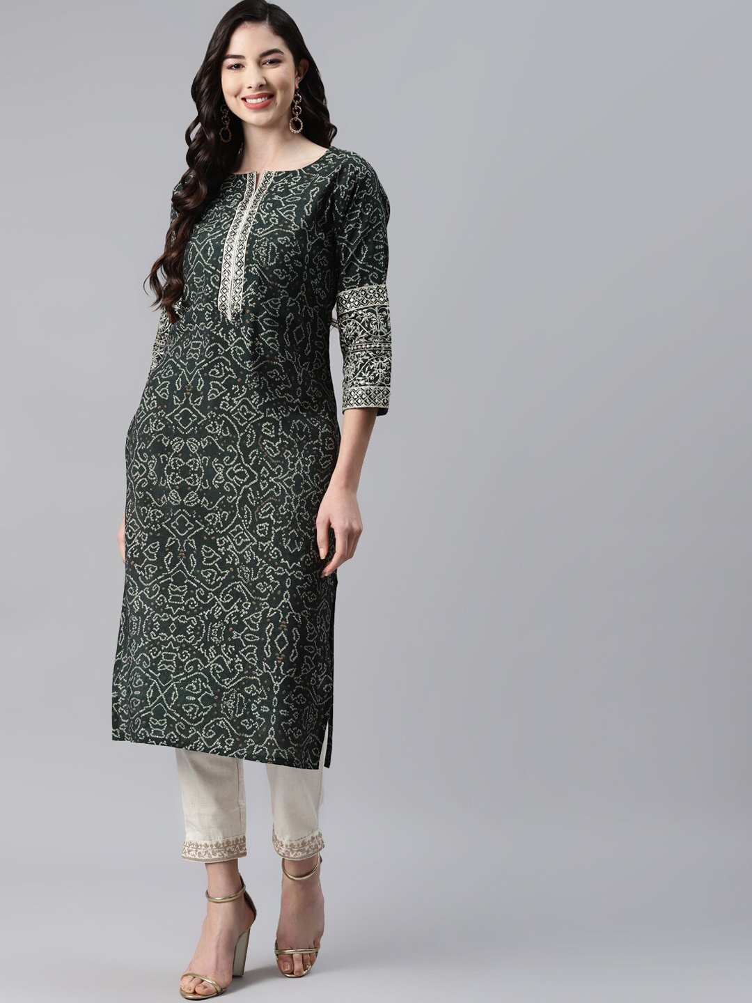 

BAESD Bandhani Printed Thread Work Straight Cotton Kurta, Green