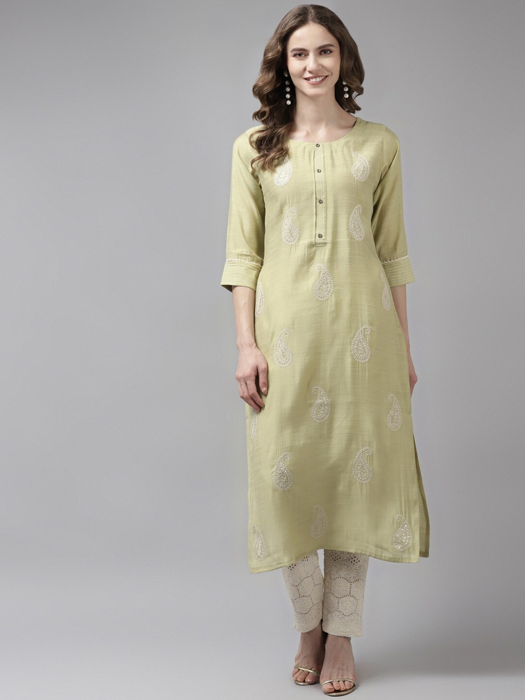 

BAESD Paisley Embroidered Sequined Straight Cotton Kurta, Green