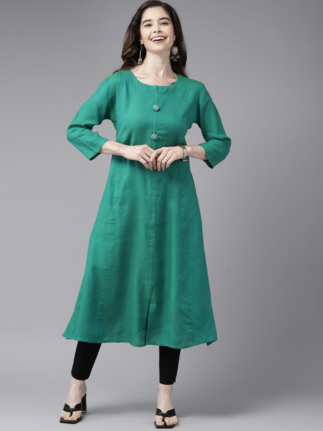 

BAESD Round Neck Pure Cotton A-Line Kurta, Sea green