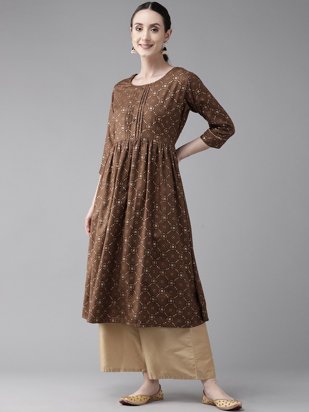 

BAESD Ethnic Motifs Printed A-Line Pleated Cotton Kurta, Brown
