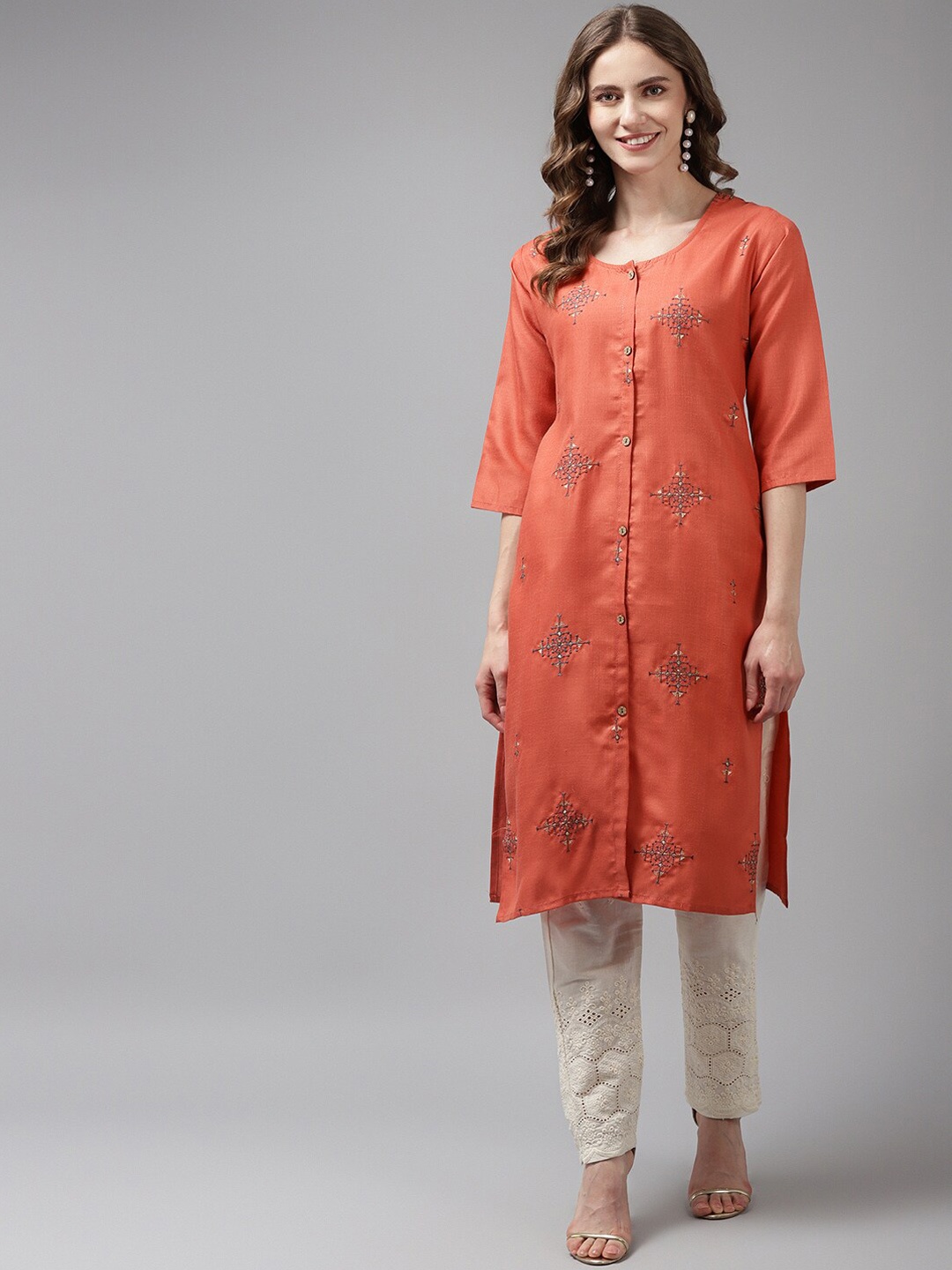 

BAESD Embroidered Round Neck Cotton Kurta, Orange