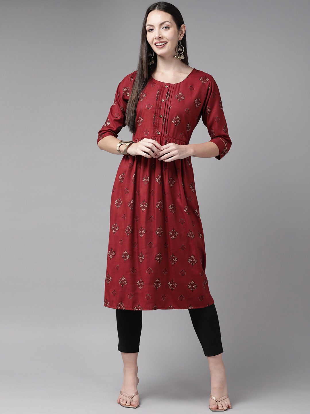 

BAESD Floral Printed Pleated Cotton A-Line Kurta, Maroon