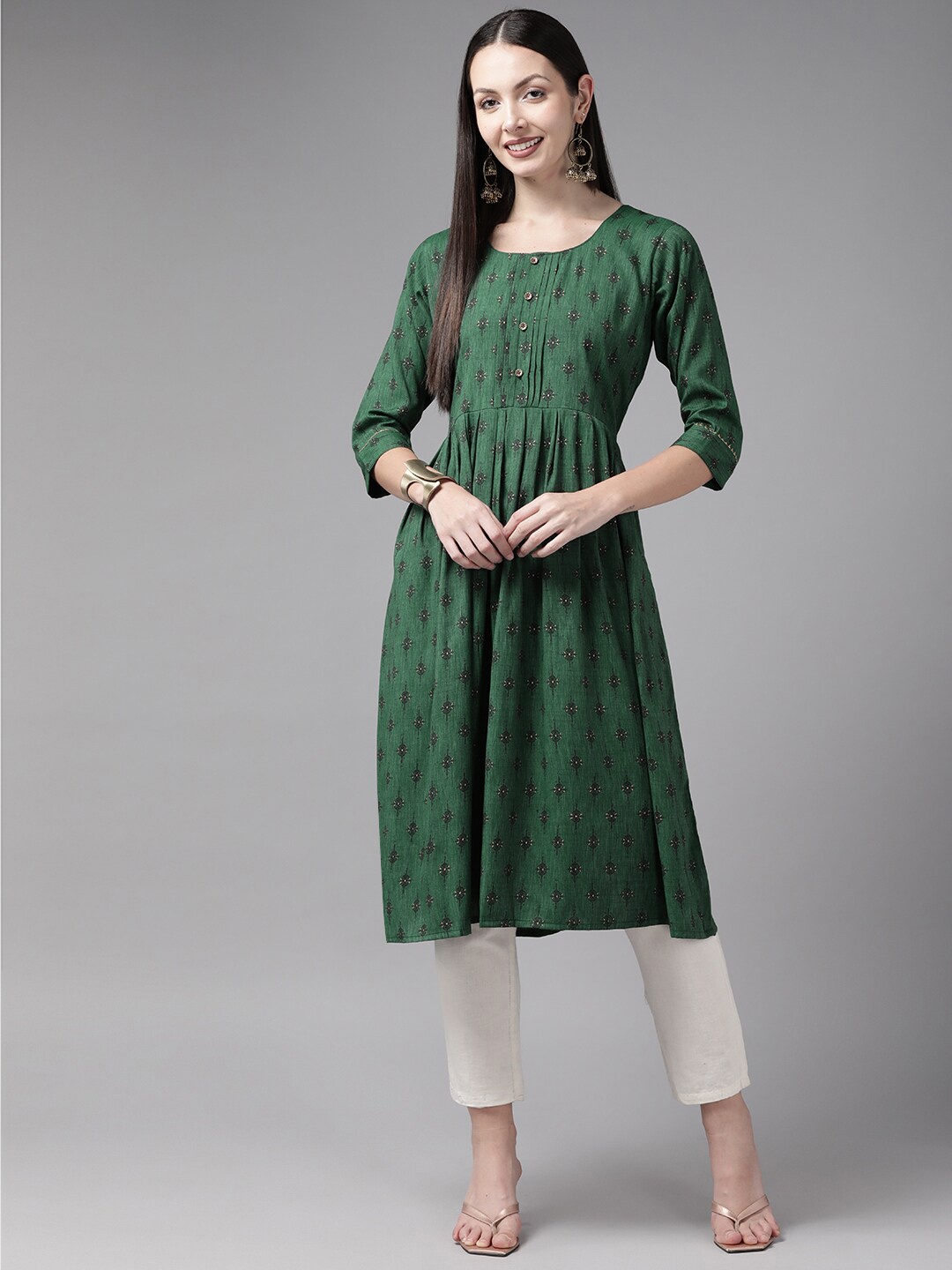 

BAESD Ethnic Motifs Printed A-Line Pleated Cotton Kurta, Green