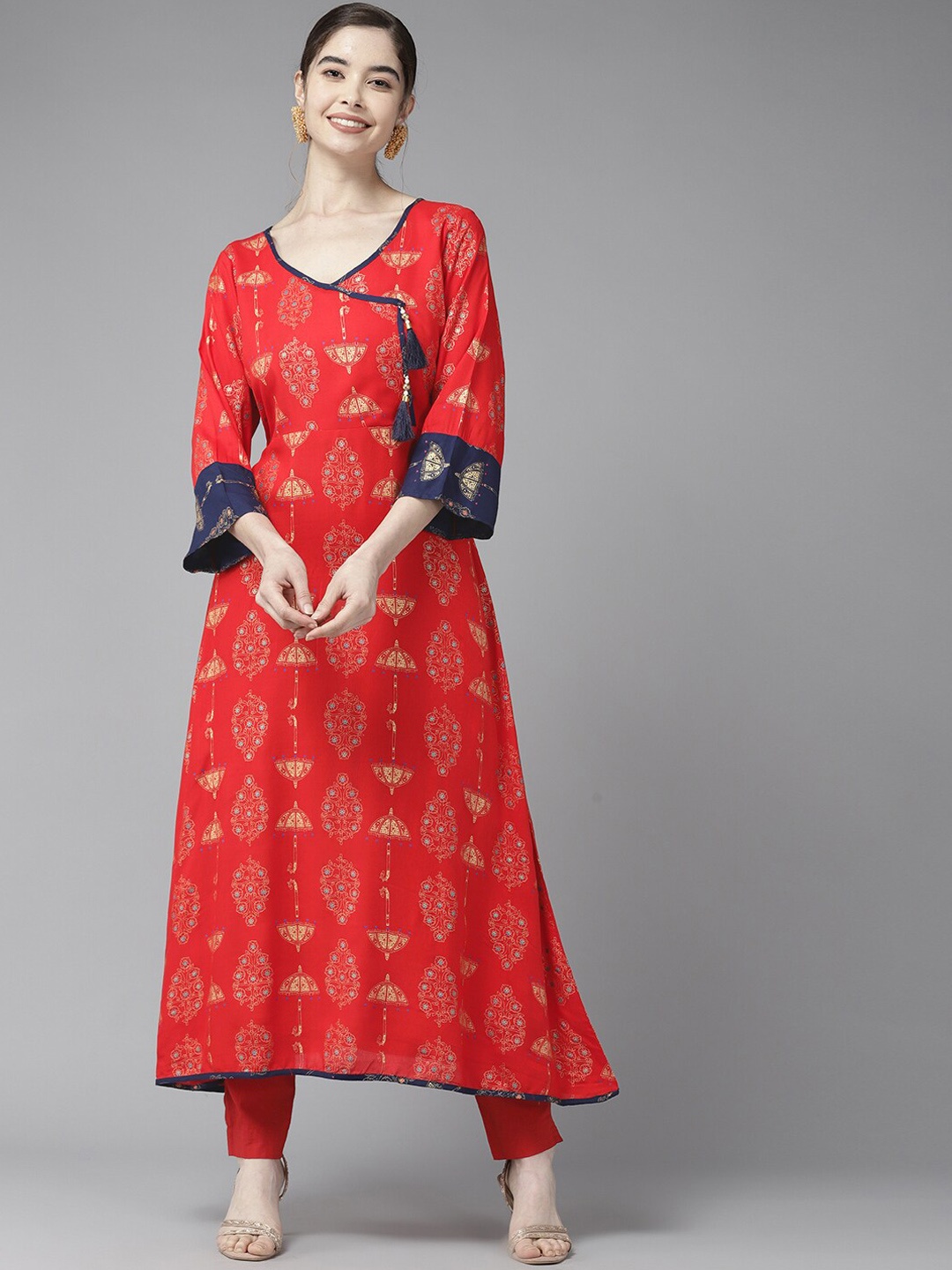 

BAESD Ethnic Motifs Printed Cotton Anarkali Kurta, Red