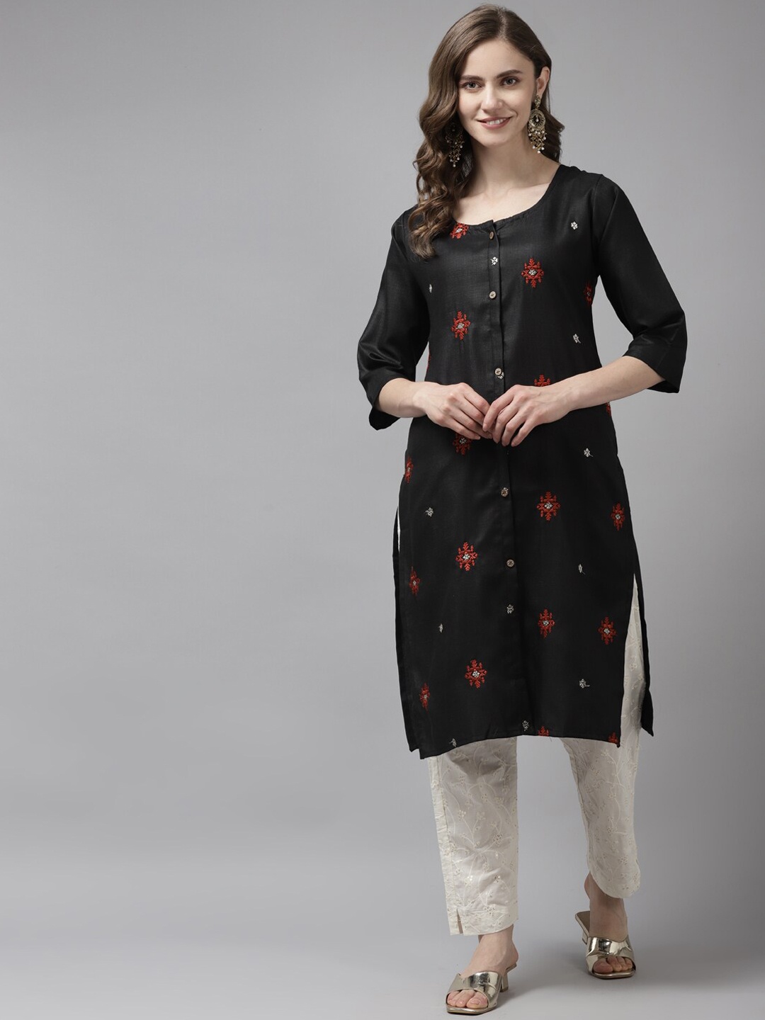 

BAESD Ethnic Motifs Embroidered Cotton Kurta, Black