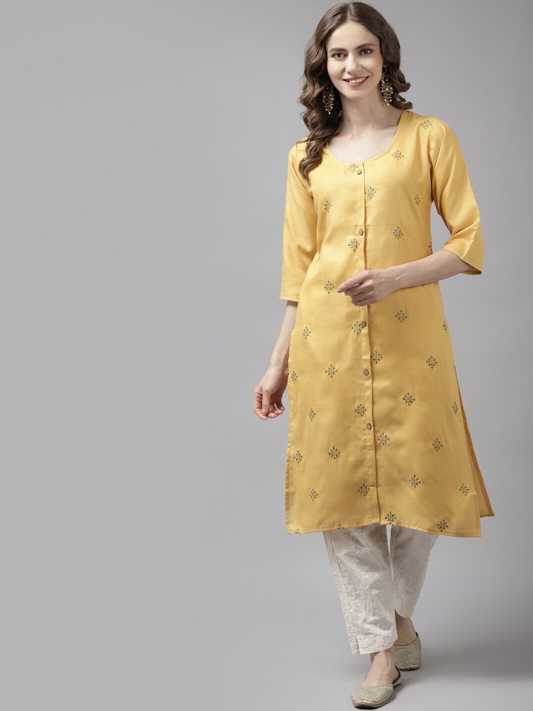 

BAESD Ethnic Motifs Embroidered A-Line Cotton Kurta, Mustard