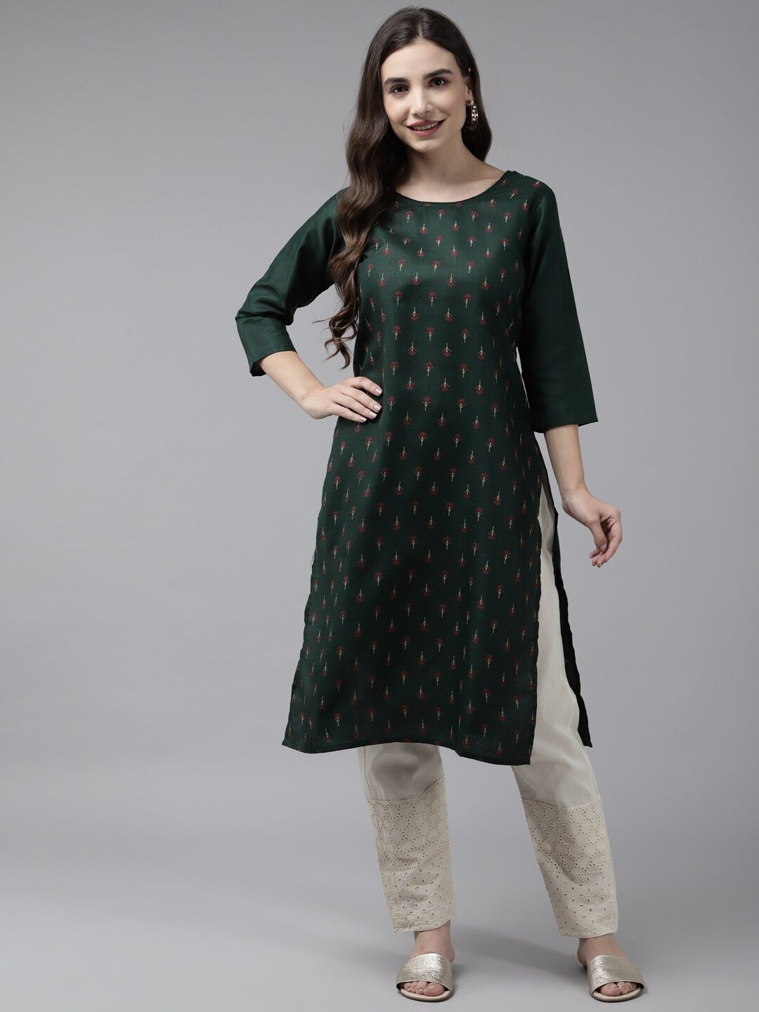 

BAESD Round Neck Floral Printed Straight Cotton Kurta, Green