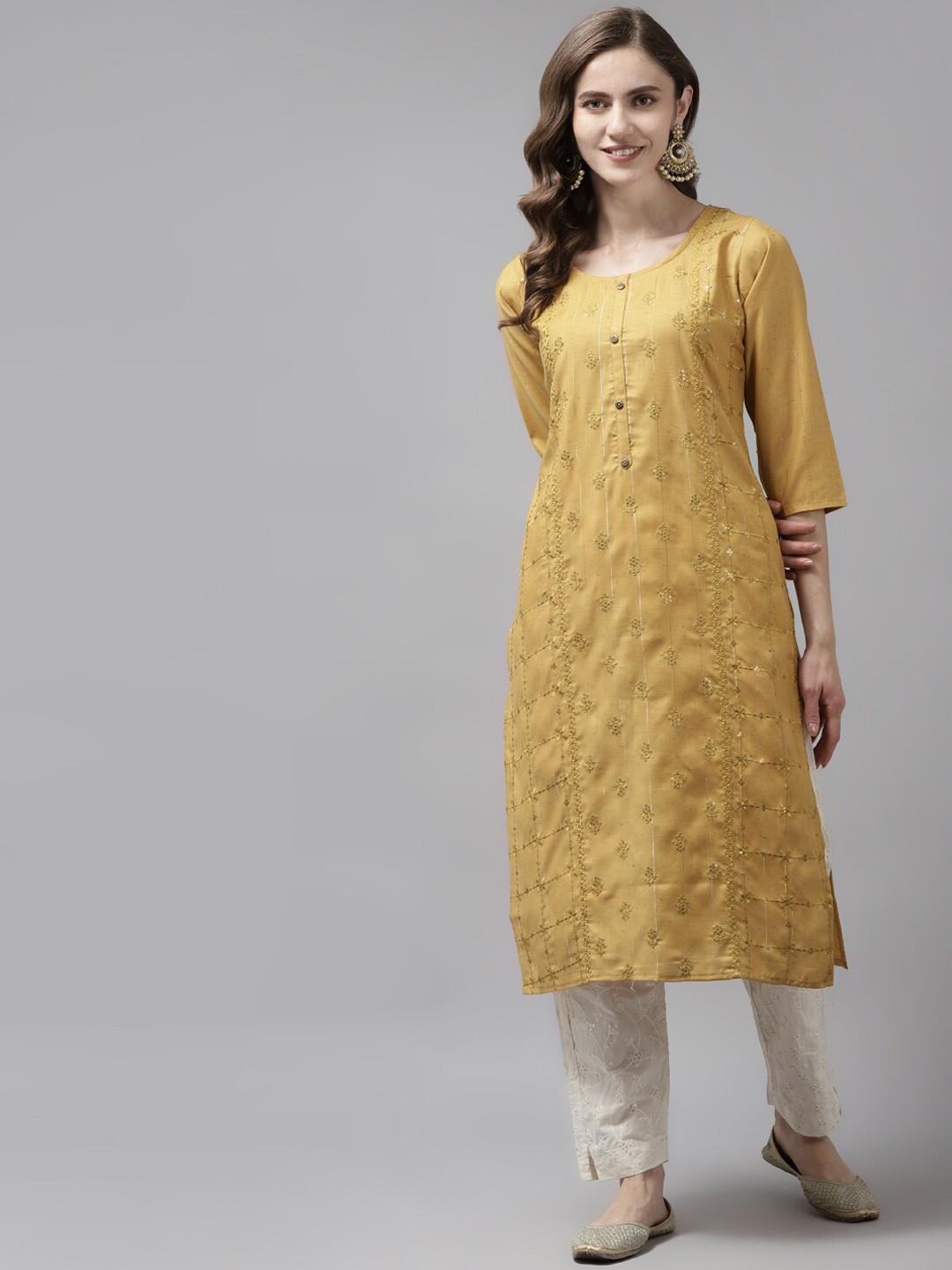 

BAESD Floral Embroidered Sequined Cotton Kurta, Yellow