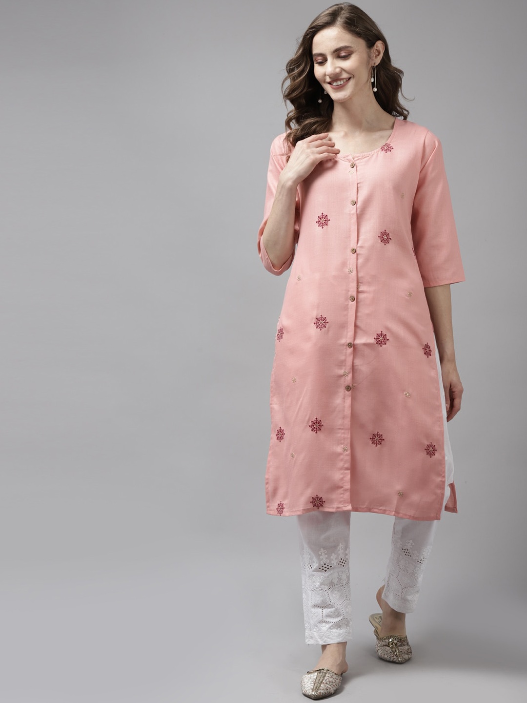 

BAESD Round Neck Floral Thread Work Cotton Kurta, Pink