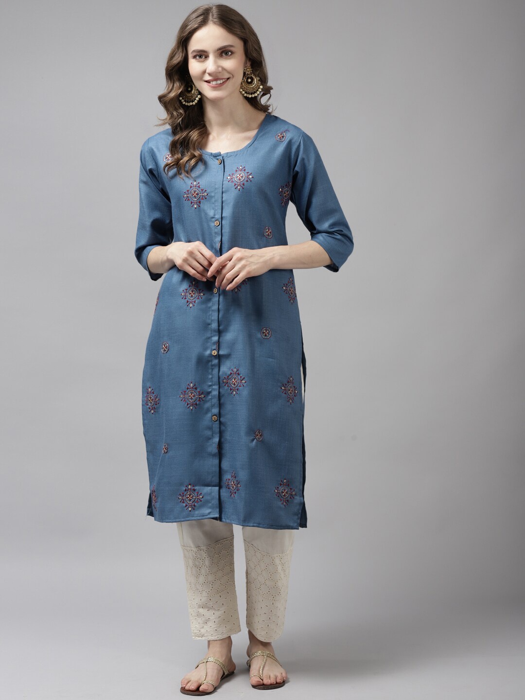 

BAESD Ethnic Motifs Embroidered Straight Cotton Kurta, Blue