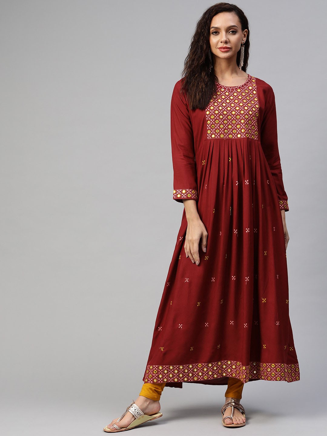 

BAESD Mirror Worked Yoke Design Cotton A-line Kurta, Maroon