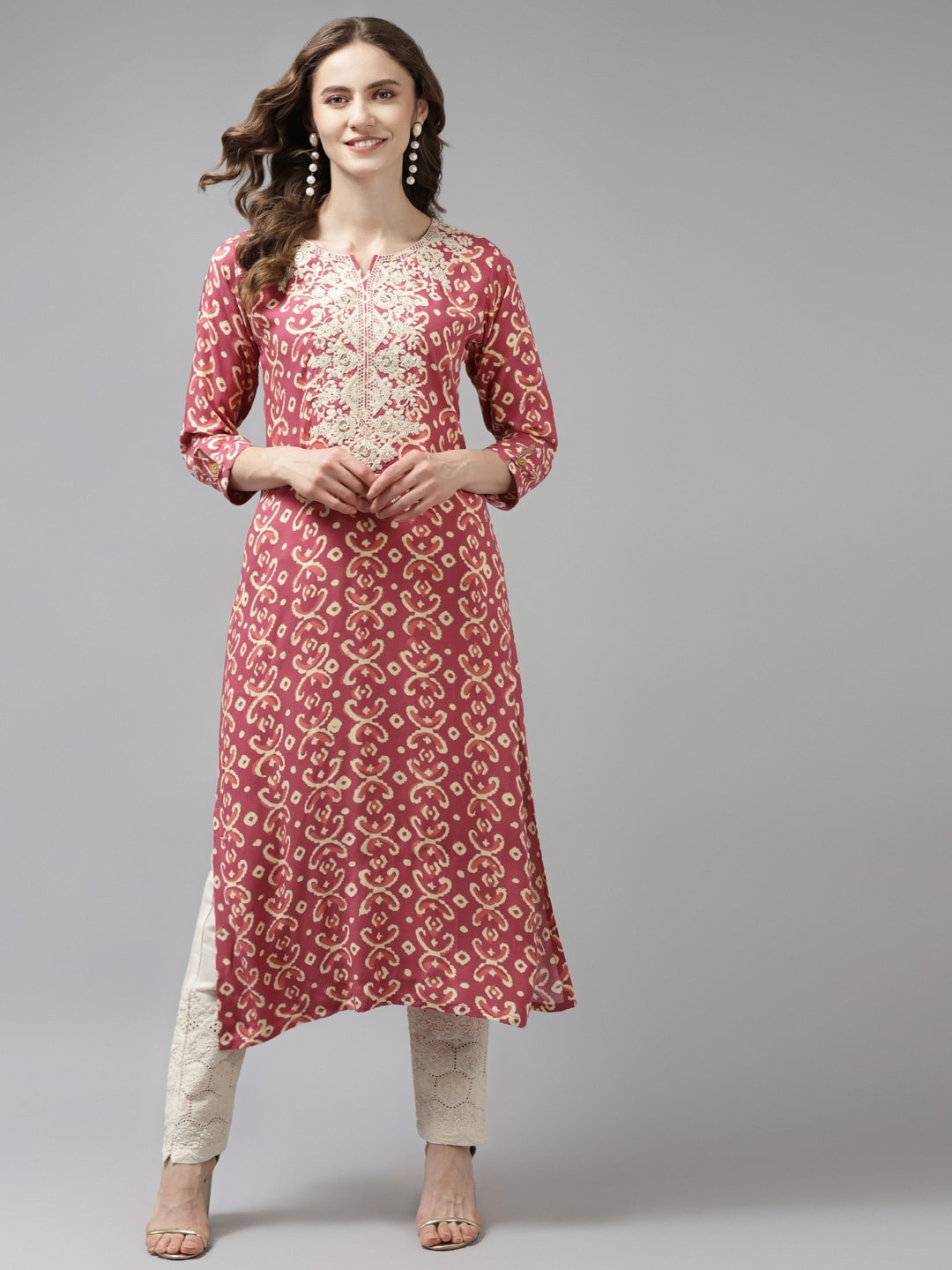 

BAESD Ethnic Motifs Printed Thread Work Pure Cotton Kurta, Maroon