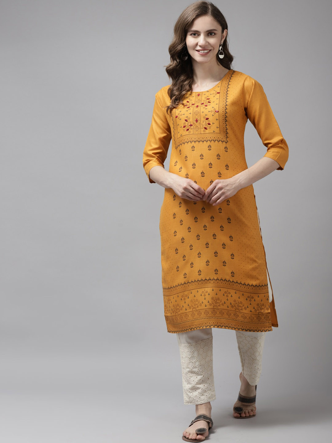 

BAESD Ethnic Motifs Printed Mirror work Cotton Kurta, Yellow