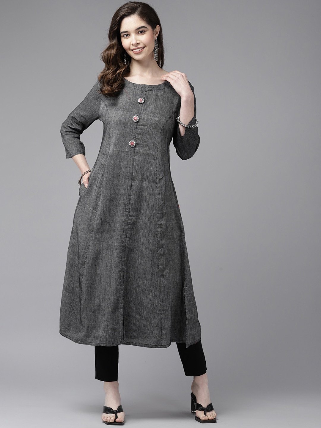 

BAESD Boat Neck A-Line Kurta, Grey